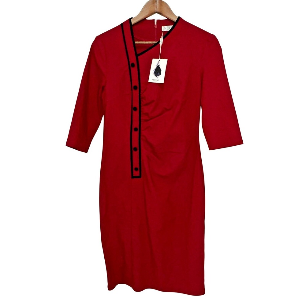 MUXXN‎ Asymmetrical Ruched Sheath Dress Womens L Red NEW Retro Pencil 3/4 Sleeve